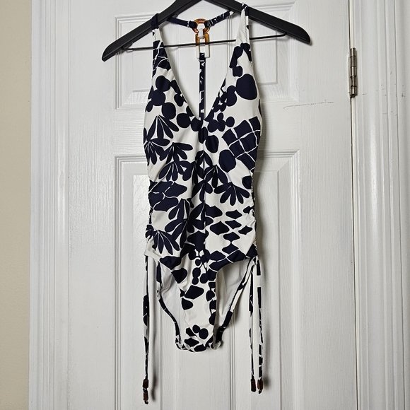 Trina Turk one-piece navy & white high leg maillot swimsuit Bali Blossoms size 4 - Picture 2 of 11